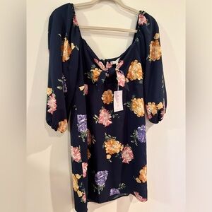 Wayf Navy Floral Mini Dress with Sleeves - Medium - NWT